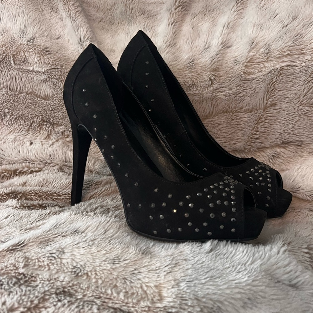 Elegant Black Peep-Toe Heels, worn once for photo shoot